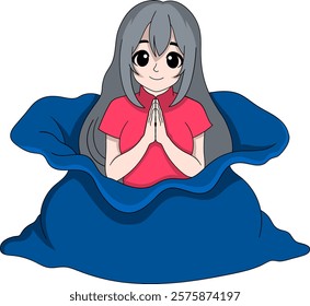 A charming cartoon illustration of a young Chinese girl with long hair, wearing a red top and sitting on a blue fabric