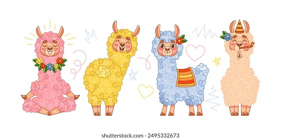 Charming Cartoon Illustrations Of Cute Llamas In Various Poses, Adorned With Colorful Decorations. Vector Animal Set