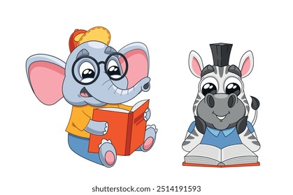 Charming Cartoon Image Of An Elephant And A Zebra Kids Joyfully Reading Books Featuring. Vector Illustration