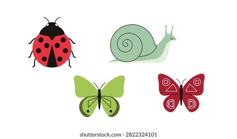 Charming cartoon insect collection featuring a red ladybug, a green snail, and two colorful butterflies in flat style.