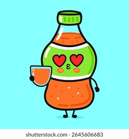 A charming cartoon juice bottle with hearts in its eyes, holding a glass.