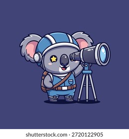 Ein charmanter Cartoon Koala gekleidet als Entdecker, komplett mit einem Helm und Rucksack, Peers durch ein Teleskop auf einem Stativ montiert, bereit für Abenteuer.