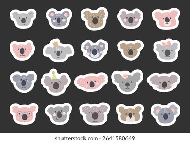 Charming cartoon koala face set created for and scandinavian style with cute animal friendly character head for yours illustration and creative designs projects