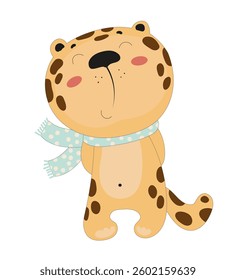 Charming cartoon leopard with polka dot scarf, smiling and standing upright, on a white background. Perfect for children’s designs and stationery.