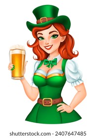 Charming cartoon leprechaun girl with red hair in green dress and hat holding a glass of beer, illustration for celebrating St. Patrick's Day, isolated on white background