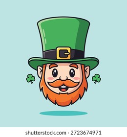 A charming cartoon leprechaun head featuring a red beard, a tall green top hat, and two small shamrocks floating on a light blue background.