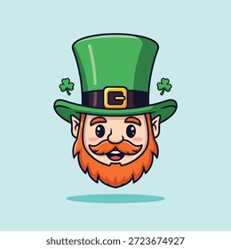 Una encantadora cabeza de duende de dibujos animados con una barba roja y un sombrero de copa verde adornado con tréboles, perfecto para el día de San Patricio.