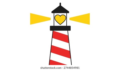 A charming cartoon lighthouse with red and white stripes, featuring a yellow heart in its light chamber, emitting bright yellow beams of light, symbolizing guidance and love.
