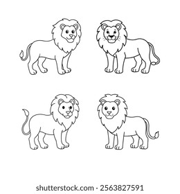 Charming Cartoon Lion Vector Set - Cute Animal Outline Illustrations.