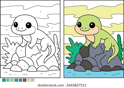 Charmosa ilustração de lagarto de desenho animado para livros de colorir crianças, com um réptil alegre em uma rocha, com guia de número.
