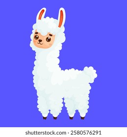 Charming cartoon llama with fluffy white fur and a sweet expression, standing on a vibrant blue background. Ideal for kids' designs. Cute Cartoon Llama Illustration on Blue