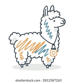 A charming cartoon llama illustration featuring simple sketch lines and vibrant orange and blue scribble patterns on its woolly coat with a small pendant