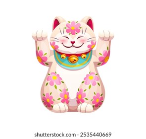 Encantador gato de dibujos animados Maneki Neko adornado con patrones florales. Gato de suerte japonés icónico aislado del Vector con las patas levantadas, que simboliza la buena suerte, la fortuna y la prosperidad en la cultura y la tradición de Japón