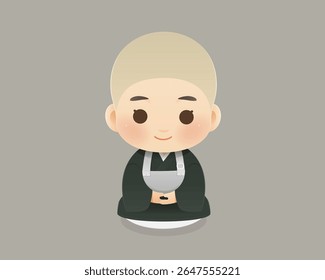 Charming cartoon monk in traditional Japanese attire, kneeling in peaceful meditation. A heartwarming concept for zen, spirituality, and mindfulness. Includes free facial expressions inside the file.