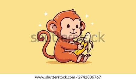 A charming cartoon monkey is depicted holding a banana, showcasing a delightful and playful scene. This illustration captures the essence of a happy animal enjoying its food.
