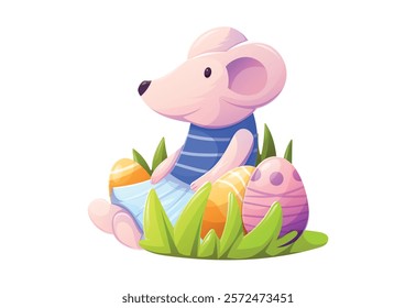 Charming Cartoon Mouse character with Easter Eggs sitting in green grass. Festive Spring vector isolated Illustration for Kids. Ideal for Holiday Cards, Decor, and Seasonal Projects