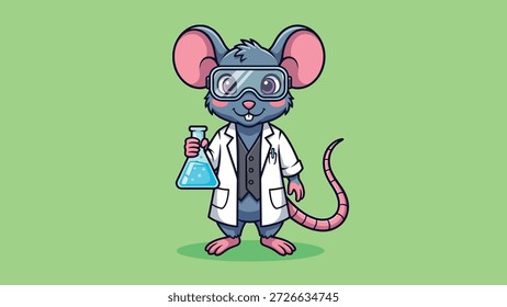 Eine charmante, als Wissenschaftlerin verkleidete Cartoon-Maus, die eine Brille und einen Laborkittel trägt und einen Becher mit blauer Flüssigkeit hält.