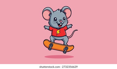 Un encantador ratón de dibujos animados, lleno de energía, es capturado en el aire en un monopatín, mostrando un espíritu juguetón y aventurero.