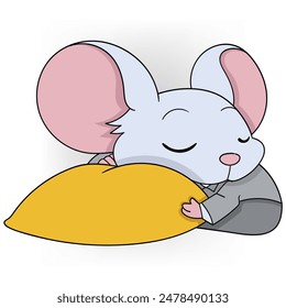 Charming cartoon mouse sleeping on a yellow pillow, wearing a suit. Ideal for illustrating work fatigue.