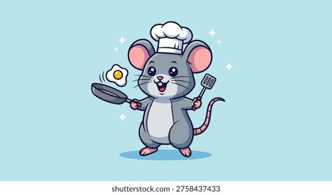A charming cartoon mouse wearing a chef hat, happily cooking a fried egg in a pan, holding a spatula.