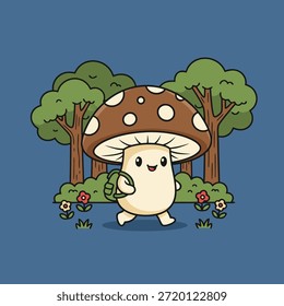 A charming cartoon mushroom with a backpack, depicted in a cute, friendly style, ready for an adventure.