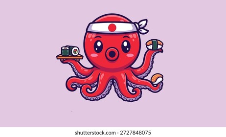 Um charmoso polvo de desenho animado vestido de chef, orgulhosamente apresentando deliciosos rolos de sushi.