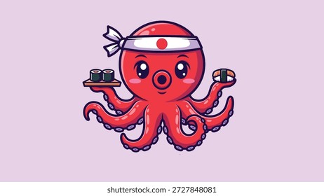 Ein charmanter Tintenfisch-Cartoon, der als Koch verkleidet ist und ein Tablett Sushi und ein Stück Sushi hält.