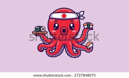 A charming cartoon octopus dressed as a chef, proudly presenting delicious sushi rolls.