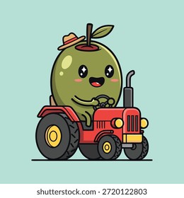 A charming cartoon olive with a hat driving a red tractor, depicted in a playful and whimsical style.