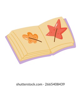 Charming cartoon open book with pressed autumn leaves. Perfect for fall, nature, reading, and educational designs.