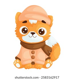 Charming cartoon orange cat dressed in cozy winter clothes with a hat, scarf, and jacket, sitting on a white background. Adorable Cartoon Cat in Cozy Winter Clothes