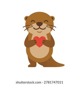A charming cartoon otter with a happy expression, holding a red heart close to its chest.