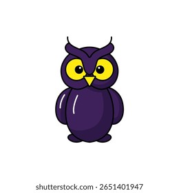 A charming cartoon owl character featuring vibrant purple feathers and bright yellow eyes. Perfect for children's materials, illustrations, and decor.