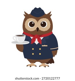 A charming cartoon owl dressed as a flight attendant, holding a tray with a cup of coffee.