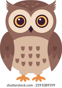 A charming cartoon owl stands upright, displaying its round body, large eyes, and intricate feather patterns, exuding a playful and friendly vibe.