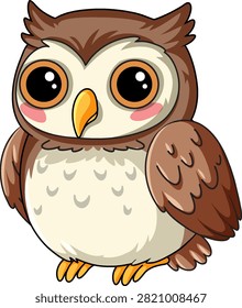 A charming cartoon owl vector with large expressive eyes, brown feathers, and rosy cheeks