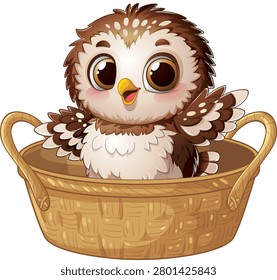 A charming cartoon owlet with large eyes sits inside a brown basket on white background.