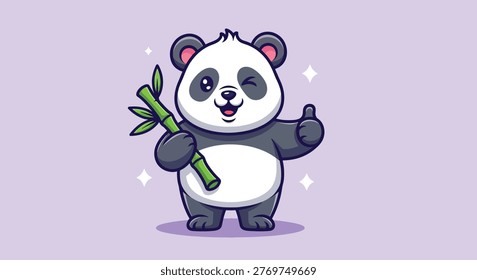 A charming cartoon panda holds a bamboo stalk and gives a thumbs-up, embodying cuteness and approval in a delightful vector illustration.