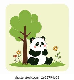 Ein charmanter Cartoon-Panda sitzt zufrieden unter einem Baum, umgeben von bunten Blumen in einer fröhlichen, idyllischen Szene.
