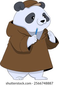 A charming cartoon panda wearing a brown coat and hat, holding a pen with a thoughtful expression, evoking a creative or investigative vibe