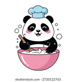Un encantador panda de dibujos animados con sombrero de chef mezcla con entusiasmo la masa en un tazón rosa con una cuchara de madera, rodeado de Pequeñas burbujas.