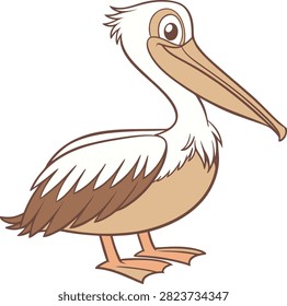 Charming cartoon pelican with iconic large beak and pouch. Cute avian character, simple vector art, wildlife animal.