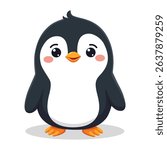 Charming Cartoon Penguin With Big Eyes And Rosy Cheeks Stands Cheerfully Against White Background
