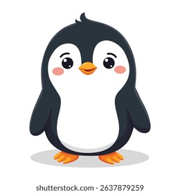 Charming Cartoon Penguin With Big Eyes And Rosy Cheeks Stands Cheerfully Against White Background