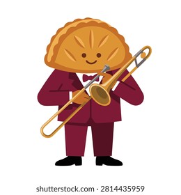 A charming cartoon pie character, smiling and dressed in a suit, skillfully playing a trombone.