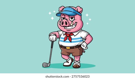 A charming cartoon pig dressed in golf attire, holding a golf club and wearing a visor, ready for a game.
