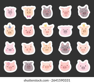 Charming cartoon pig face set created for and scandinavian style with cute animal friendly character head for yours illustration and creative designs projects