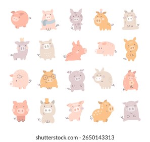 Charming cartoon pig set created for and scandinavian style with cute animal friendly character for yours illustration and creative designs projects