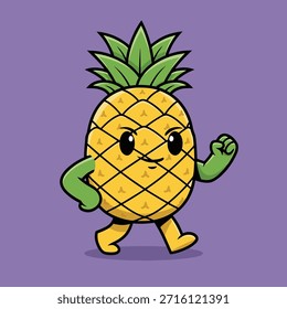 Un encantador personaje de piña de dibujos animados con brazos y piernas, representado en una pose andante sobre un fondo liso.