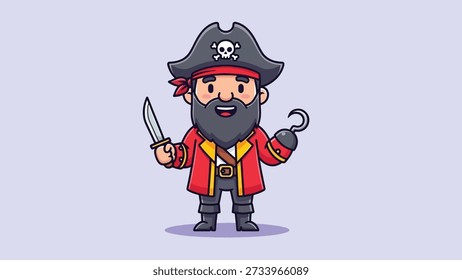 Um charmoso pirata de desenhos animados com barba, chapéu e casaco, segurando uma faca e um gancho.